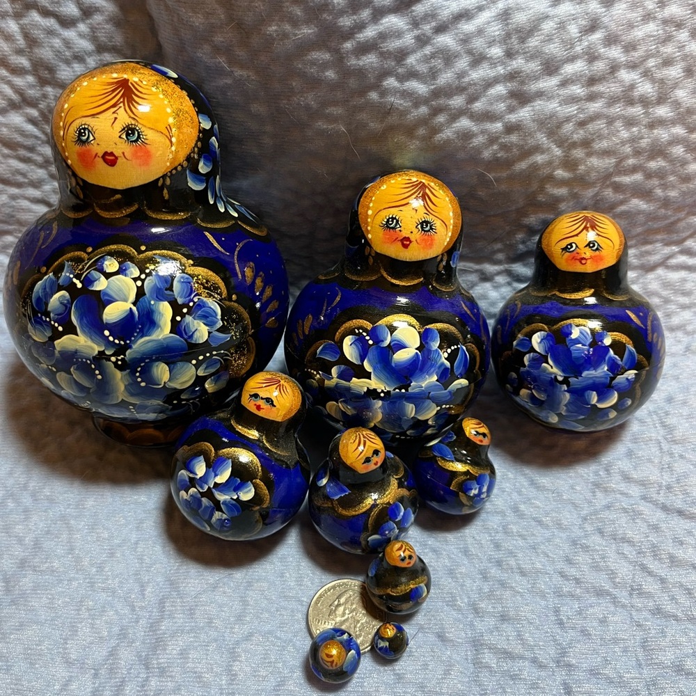 Vintage Matryoshka Colorful Russian Nesting Dolls, deep blue, set of 9